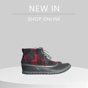 Sorel Boots, Out N About , Red Flannel, black boot, size 7.5 woman. 1757…